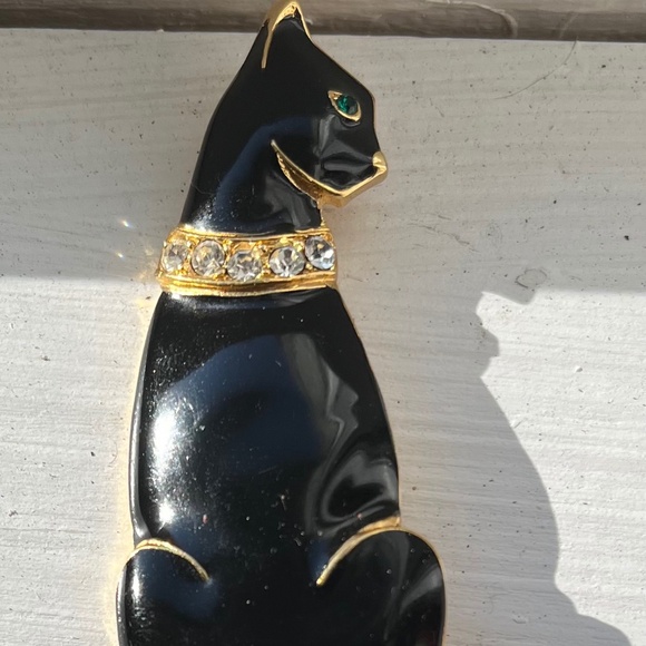 Vintage Black Cat Enamel Brooch Rhinestone Collar - Picture 1 of 3